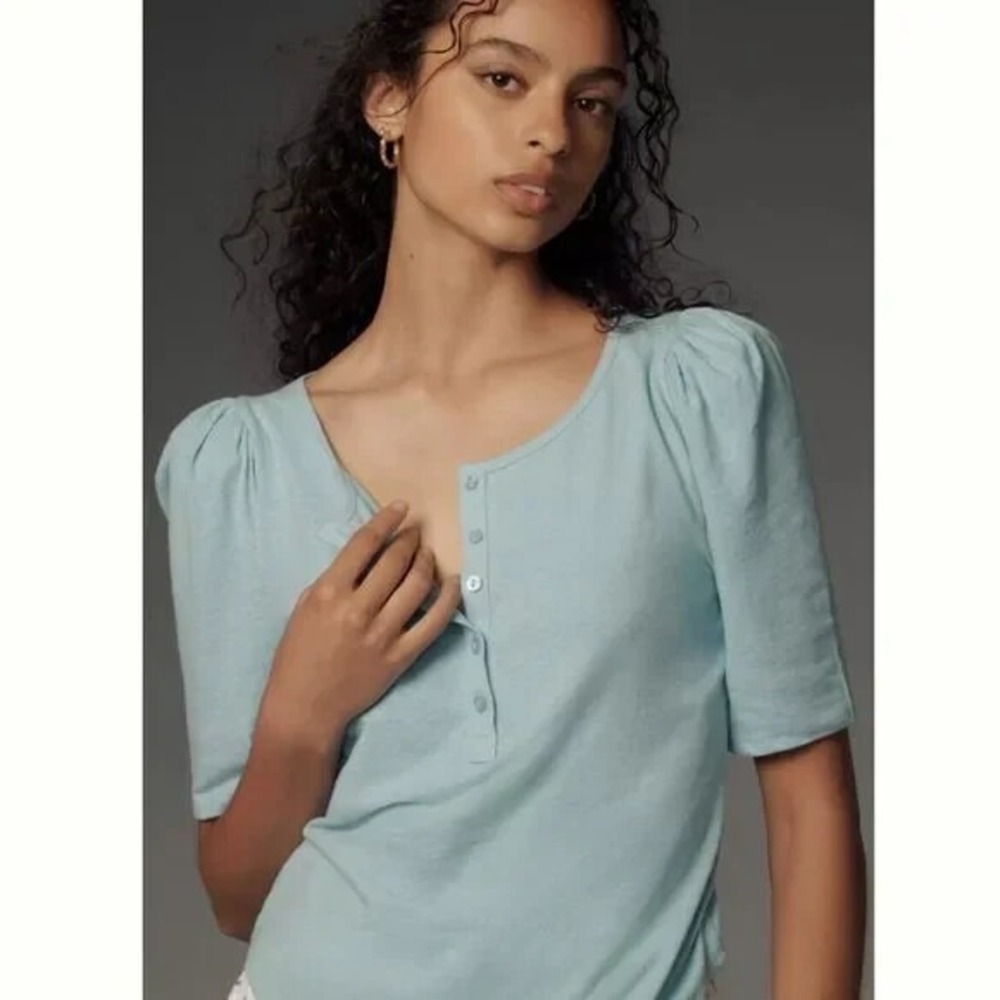 Anthropologie Puff Sleeve Henley Top Short Sleeve Iris Blue XXS Blouse NEW
